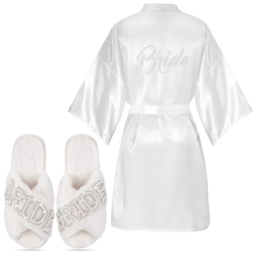 Mepase 2 Pcs Bridal Wedding Gifts Satin Bride Robe with Slippers Rhinestone Wedding Robe Slippers for Women Proposal Party
