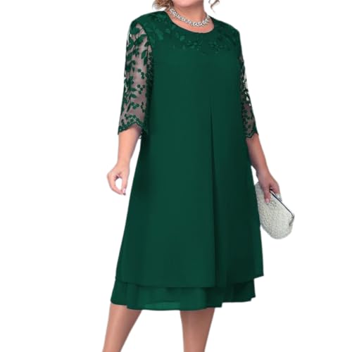 OBEEII Vestido de gasa para mujer, talla grande, media manga, cuello redondo, bordado floral, formal, fiesta, boda, invitada, cóctel, Reino Unido, verde oscuro, 4XL