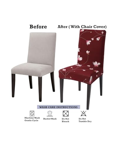 Image of Gifts Island Polyester Floral Print Dining Table Chair Cover Set of 6 Seater Stretchable Washable Chair Seat Slipcover (Maroon Floral)