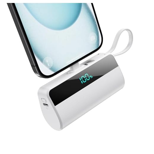 Mini Bateria Externa para iPhone, 5500mAh Cargador Portátil con Cable USB C Integrado 20W PD Carga Rapida Power Bank Compacto Powerbank con Pantalla LCD Compatible con iPhone17/16/15/14/13/12-Blanco