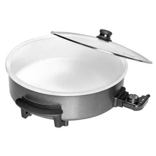 Clatronic® Partypfanne | Multifunktionspfanne zum Kochen, Braten und mehr | Keramikbeschichteter Bräter mit Deckel | Elektrischer Topf mit Thermostat | Ø 42 cm, T:9 cm | PP 3570 C