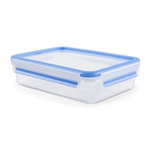 EMSA Clip & Close Frischhaltedose, rechteckig, 1,2 L, mit Deckel, Aufbewahrungsbox, 100 Prozent dicht, spülmaschinen-, gefrier-, mikrowellenfest, Transparent, Blau, Made in Germany, 508542