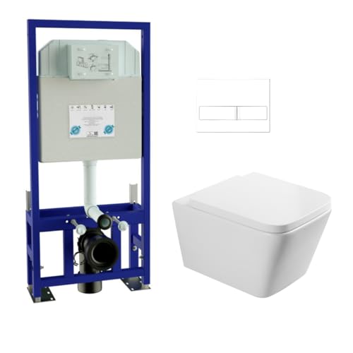 Pack Inodoro Suspendido Blanco Brillo y Cisterna Empotrada Autoportante con Pulsador Blanco | Inodoro Brillo Rimless Sin Borde de Fondo Reducido y Asiento Extrafino con Caida Amortiguada