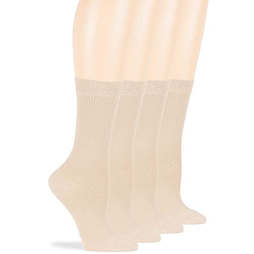 7Bigstars Kingdom Women's Cotton Dress Socks - 4 Pack Large - Solid Casual Crew Lightweight Calf - Sock Size 10-12 Shoe Size 8-12 L Light Beige #TOP6