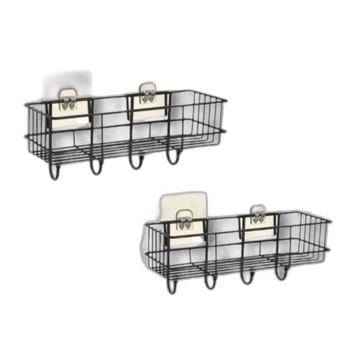 (Combo Offer) 2piC Powder Coated Self-Adhesive Shower Bathroom Shelf with Hooks, Hanging Toiletries Holder Makeup Storage Rack for Bathroom, Kitchen Spice Rack Shelf|TM-P10712