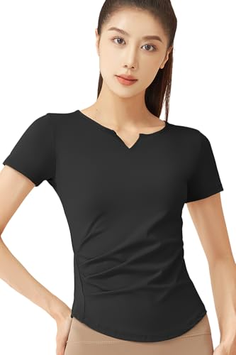 [MORGEN SKY] ヨガウェア アクティブシャツ 半袖 Tシャツ レディース Vネック 丸裾 着痩せ トップス 通気 薄手 吸湿 ストレッチ 体型カバー スポーツウェア ヨガ ダンス フィットネス テニス おしゃれ DX026 (JP, アルファベット, L, ブラック)の商品画像（Amazon）