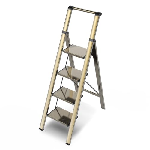 GameGem 4 Step Ladder, Foldable 4 Step Stool, Gold