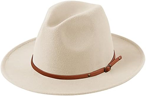 Lanzom Women Lady Retro Wide Brim Floppy Panama Hat Belt Buckle Wool Fedora Hat Fit Size 6 8/7-7 1/4 (X Belt-Beige, One Size)