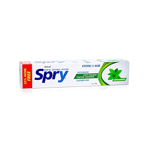 Spry Natural Xylitol Toothpaste 5oz for Adults and Kids - Fluoride Free, Gentle for Sensitive Teeth Whitening and Remineralizing, Breath Freshening, Mouth Moisturizing, Spearmint (Pack of 2)