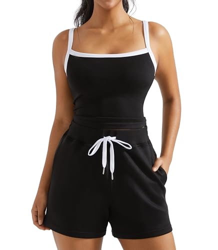 OMKAGI Women 2 Piece Outfits Sleeveless Tank Top Sweat Shorts Set with Pockets Vacation Sets