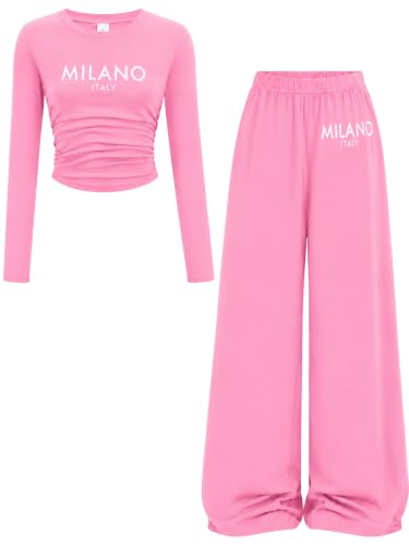 Image of OLMRJKD Girls 2 Piece Outfits Long Sleeve Letter Printed Sweatshirt & Wide Leg Pants Fall Clothing Set Size 7-16 Years