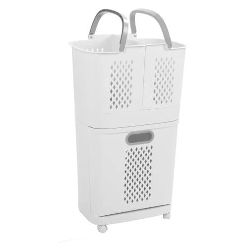 Plastic Laundry Hamper with Wheels, 3 Independent Storage Bins, Dirty Clothes Basket, Carry Handle for Kitchens, Bathrooms, Bedrooms by TOPINCN - Image 5