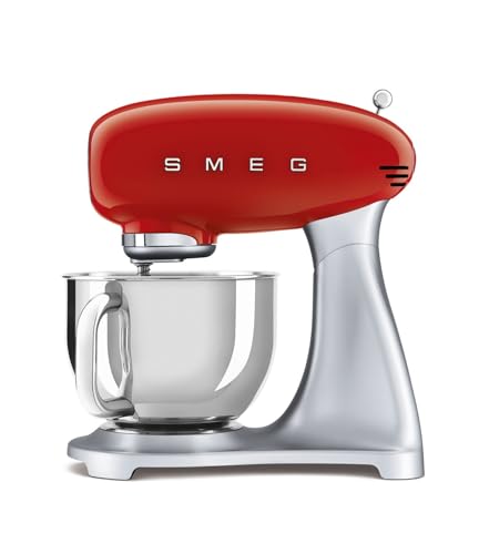 Smeg, Impastatrice Planetaria SMF02RDEU, 10 Velocità, Smooth Start, Ciotola da 4,8 L, Sicurezza Blocco Motore, Frusta Filo, Frusta Piatta, Gancio e Coperchio Versatore in Dotazione, 800W, Rosso