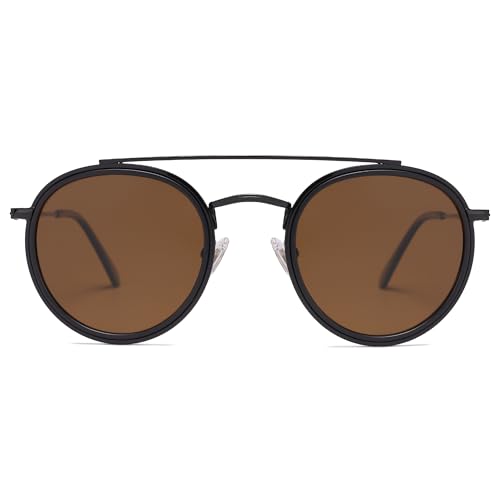 SOJOS Retro Vintage Round Polarized Sunglasses for Women Men Small Double Bridge Circle Sunnies SJ1104