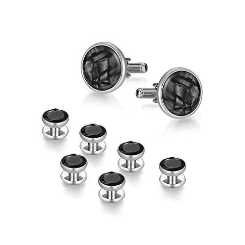 Image of wynameleri Mens Classic Shirts Cufflink Studs, Mother-of-Pearl Tuxedo Shirt Button and Cuff Links Set, Formal Business Wedding Jewelry