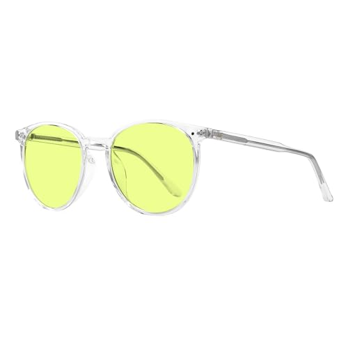 Image of Blue Light Blocking Glasses for Women and Men, Round Frame Computer Gaming Glasses for Migraine, Light Sensitivity, Photophobia & LED Fluorescent Glare RF6213 (Green Lens Clear Frame)
