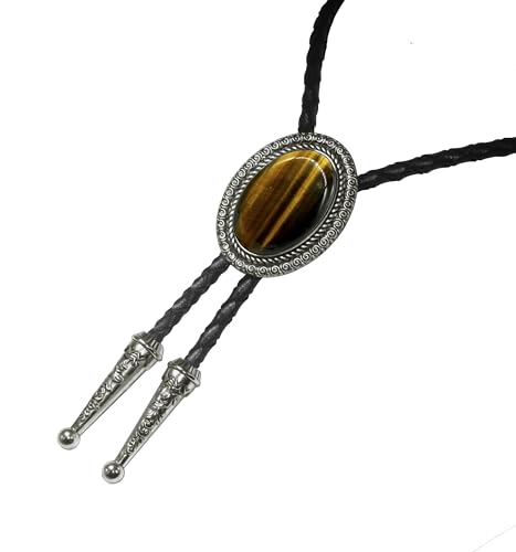 Image of Moranse Bolo Tie with Natural Tiger Eye Stone Celtic Style Genuine and Cowhide Rope