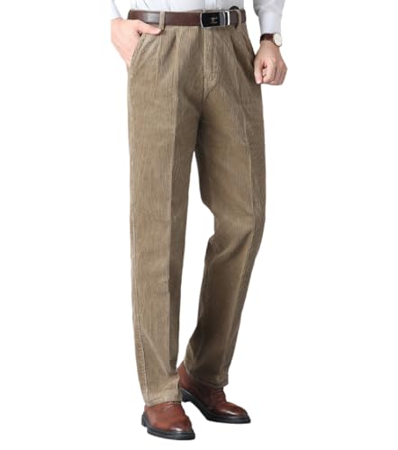 Men's Classic Fit Corduroy Dress Pants, High Waist Pleated(Khaki 36)