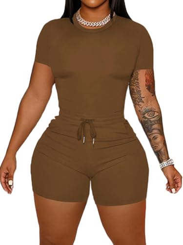 HBQ Womens 2 Piece Outfits Summer Sweatsuits Track Suits Crop Tops Biker Short Workout Jogger Sets Brown L