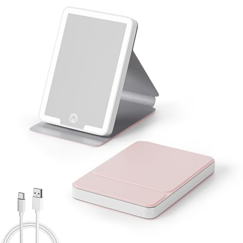 Kintion Travel Makeup Mirror, Rechargeable Compact Mirror with Light, Portable LED Pocket Mirror, Folding Vanity Mirror, 3 Color Modes Dimmable, Handbag Small Mirrors for Women Gift, Pink