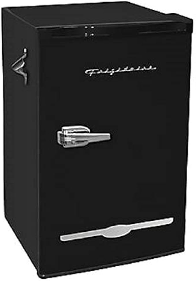 Frigidaire Retro Compact Fridge with Chiller, 3.2 cu ft Countertop Fridge with Built-In Bottle Opener, Compact Refrigerator for Office, Bedroom, Dorm Room or Cabin - 16.5"D x 19"W x 31"H (Black)