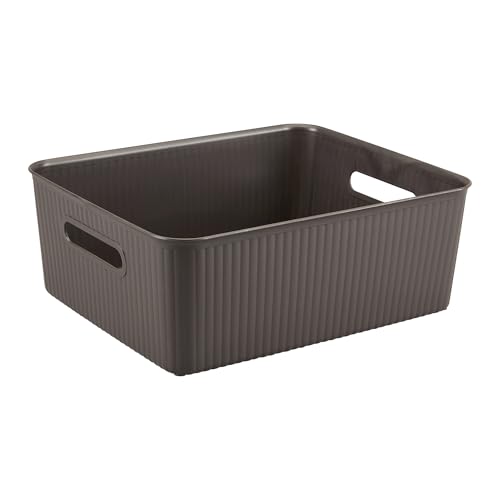 Image of Kolorr Ribbed Baskets Medium Pack of 1 With 1 Standard Lid (Non-Airtight Loose-Fit Cover) Multipurpose Plastic Storage Baskets For Cloths Wardrobe Home Kitchen & Livingroom I Dark Brown