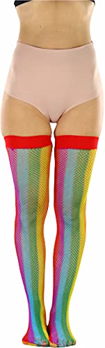Image of ToBeInStyle Women's Rainbow Bright Multicolor Nylon Thigh High Stockings