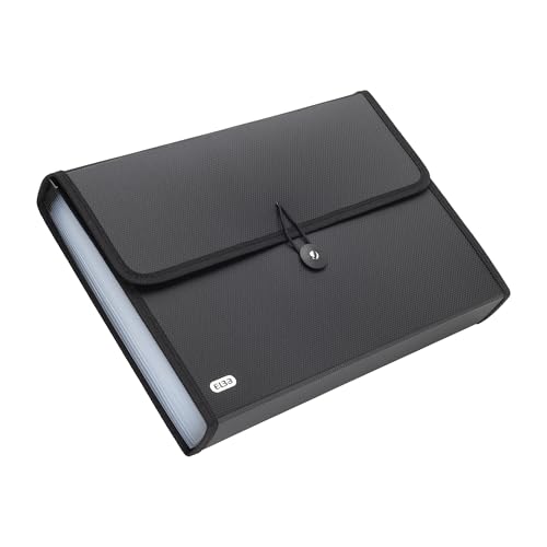 Elba Black A4 Expanding File Folder with 13 Compartments Plastic Accordion Document Organiser Portable Filing Wallet for Office & School