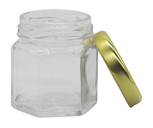 Image of Cute Hexagonal 50 Grams Airtight Glass Jar Containers for Honey, Spices & Other Kitchen Items with Rust Proof Gold & Silver Color Caps -Set of 12