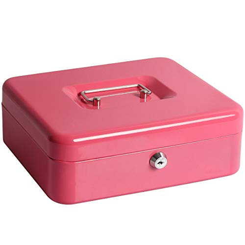 Jssmst Cash Box with Money Tray and Lock - Pink Cash Box with Key Lock Safe Money Box with Cash Tray, Money Saving Box Lock Box for Money, 9.84'' x 7.87'' x 2.6'', SM-CB00125PK