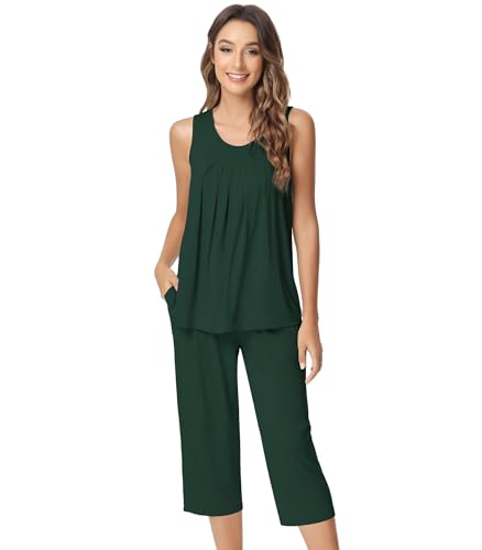 Image of NACHILA Pajamas for Women-Viscose Made from Bamboo, Sleeveless Pjs Tank Top Capri Pants Pajama Sets Cooling Sleepwear