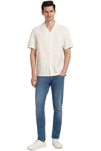 Image of Peter England Men's Casual Half Sleeve Resort Collar Shirt in 100% Cotton Seersucker with Striped Design