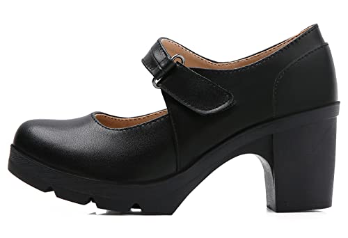 DADAWEN Women's Leather Classic Mid Heel Mary Jane Square Toe Oxfords Platform Dress Pumps Shoes4