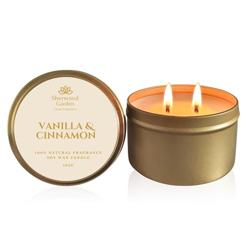 Vanilla & Cinnamon 100% Natural Fragrance Soy Candle Tin 165g Sherwood Garden Home Fragrances – Aromatherapy Scented Candle, Clean Burning, Long Lasting, Natural Soy Wax, Essential Oil Candle