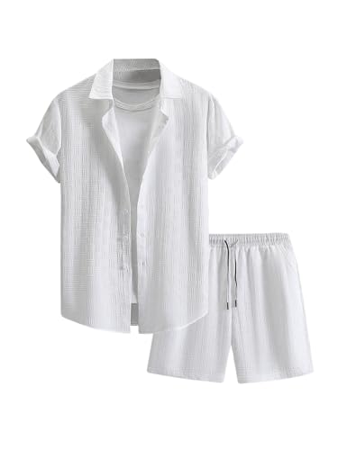 Men's 2 Piece Outfits Textured Button Down Shirts and Drawstring Waist Shorts Sets with Pocket