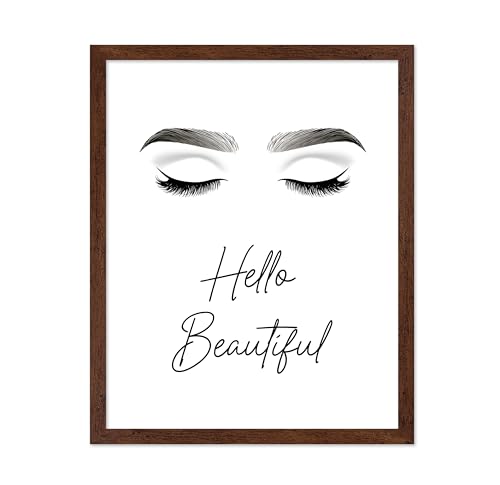 Image of Poster Master Fashion Poster - Hello Beautiful Print - Trendy Art - Modern Art - Minimal Art - Gift for Men, Women & Fashionista - Glam Decor for Dorm, Living Room or Bedroom, 11x14 Brown Framed