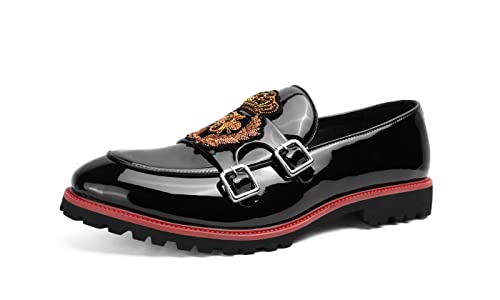 Santimon Unisex Platform Loafers Lug Sole Pattern Leather American Classics Embroidery Monk Shoes