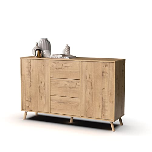 MUEBLES PITARCH | Aparador Salón Comedor, Buffet, Mueble Auxiliar, 2 Puertas y 3 Cajones, Roble Gold, 89x140x40cm, Despensa, Cocina, Despacho, Tirador Push o Pulsador, Moderno, Nórdico, Modelo Oslo