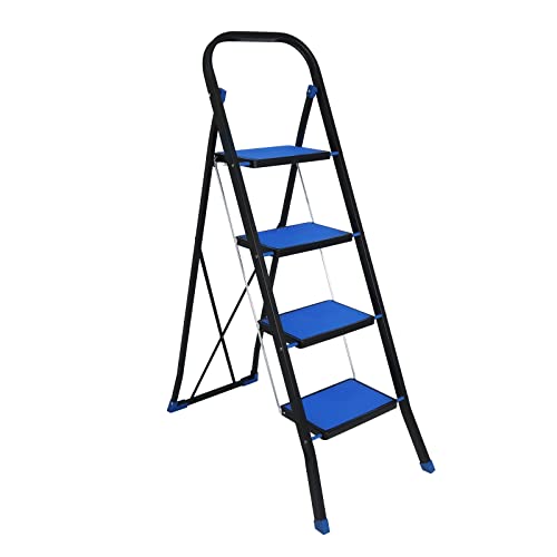 Duwee 4-Step Steel Ladder - 330lb Capacity Foldable Step Stool with Anti-Slip Pedals & Safety Handgrip Lightweight for Indoor/Outdoor Use Space-Saving Design Blue