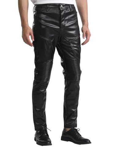 Men`s Motorcycle Biker Riding Pleated PU Faux Leather Pants with Zipper Closure