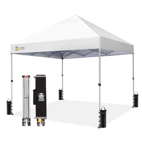 CROWN SHADES 8x8 Pop Up Canopy - Beach Tent with One Push Setup - Easy Outdoor Sun Shade for Events, Parties, Camping - Gazebo with STO-N-Go Cover Bag, Silver Coated Top, White
