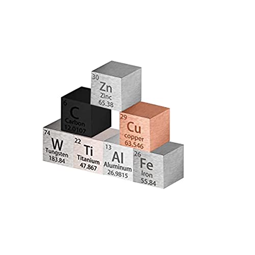 Cubetti di Elemento Metallico 7 Pezzi - Set di Cubi di Densità per Una Tavola Periodica di Raccolta di Elementi - Cubo di Tungsteno Puro, Titanio, Alluminio, Ferro, Rame, Zinco, Carbonio