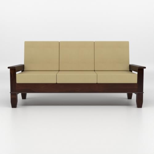 Image of Solid Sheesham Wood 3 Seater Sofa for Living Room | Premium Wooden Sofa with Side Magazine Rack | Comfortable Fabric Cushions | Modern Home & Office Furniture