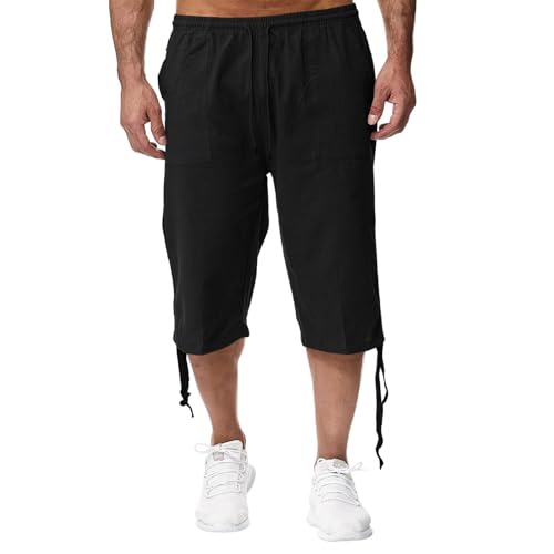 Ymosrh Men's Work Shorts Pants Breathable Below Knee Length Cotton Linen Summer Beach Vacation Shorts Short Pants for Men Trousers Fashion Pantalones De Hombre Cortos (M Black)