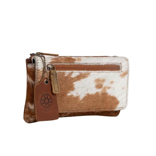 Image of Myra Wildfire Leather and Hairon Cowhide Wallet - 7.5x4 inch Cow Print Wallets for Women, Brown and White, Long, Western Cowprint, Boho Style, Country Stuff, Cowgirl Gifts for Women, Mom, Sister, Aunt