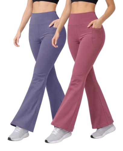 Image of Women's High Waist Bootcut Yoga Pants with Side Pockets | Flared Gym Leggings for Women | Stretchable Workout Bell Bottom Tights for Yoga, Gym, Running & Casual Wear Pack of 2