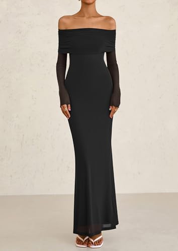 PRETTYGARDEN Fall Dresses for Women 2025 Elegant Off The Shoulder Long Sleeve Formal Wedding Guest Bodycon Maxi Dress3