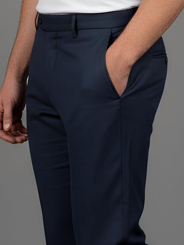 Image of LIVE IN Mens Navy Blue Cotton Slim Fit Mid Rise Solid Formal Trousers