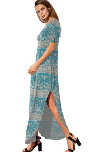 Image of GRECERELLE Women's Summer Maxi Dress Casual Loose V Neck Short Sleeve Side Split Long Dresses with Functional Pockets