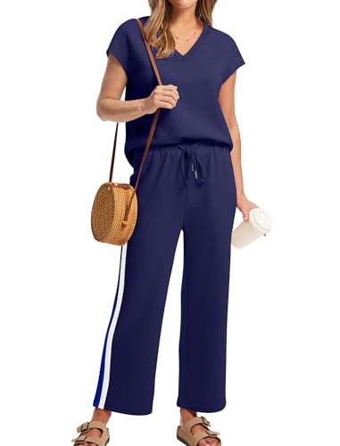 Image of Saloogoe Two Piece Sets for Women Summer Outfits Lounge Sets V Neck Tops Wide Leg Pants Woman Vacation Travel Outfits